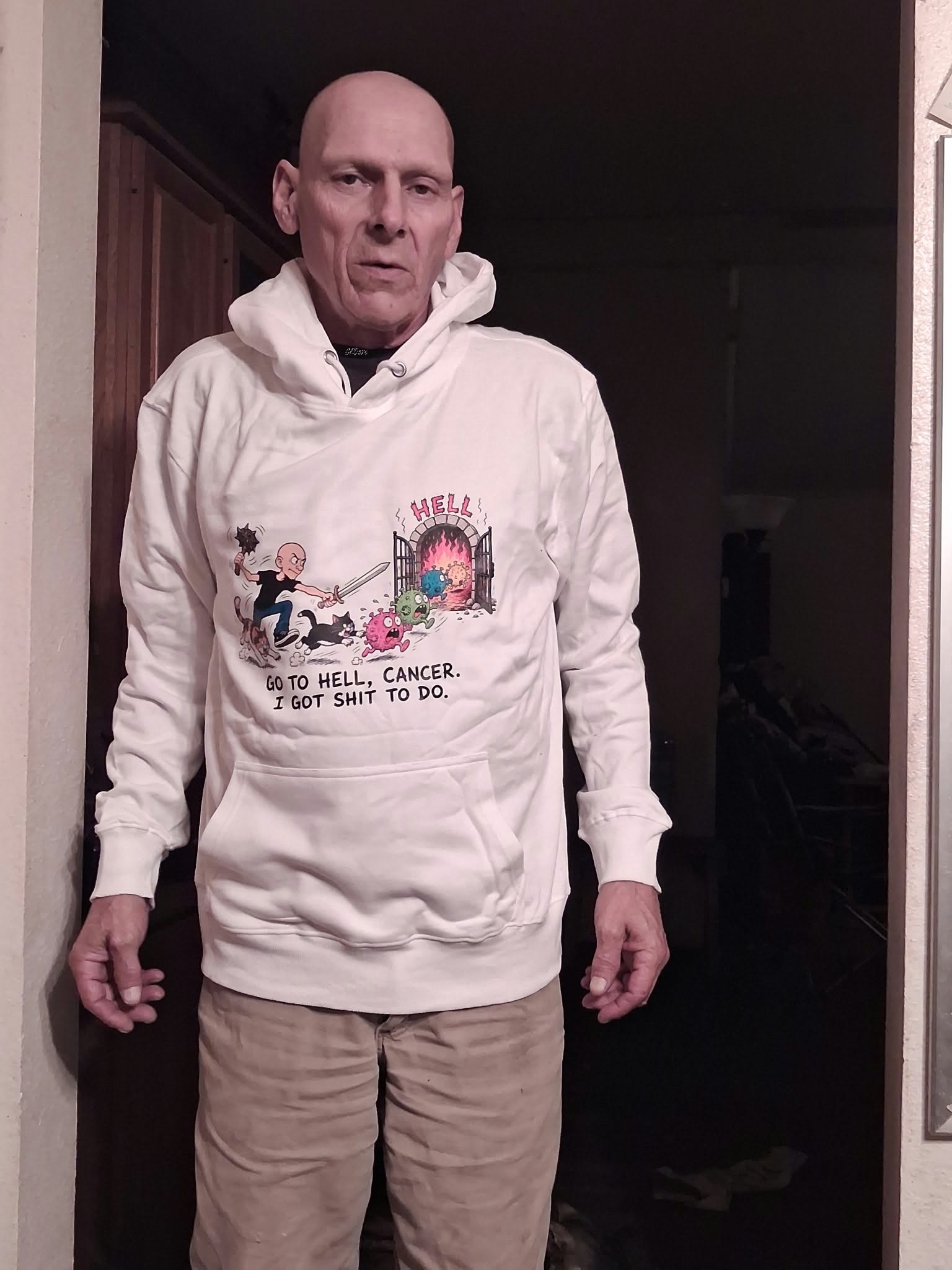 Charlie wearing his Go to Hell Cancer hoodie