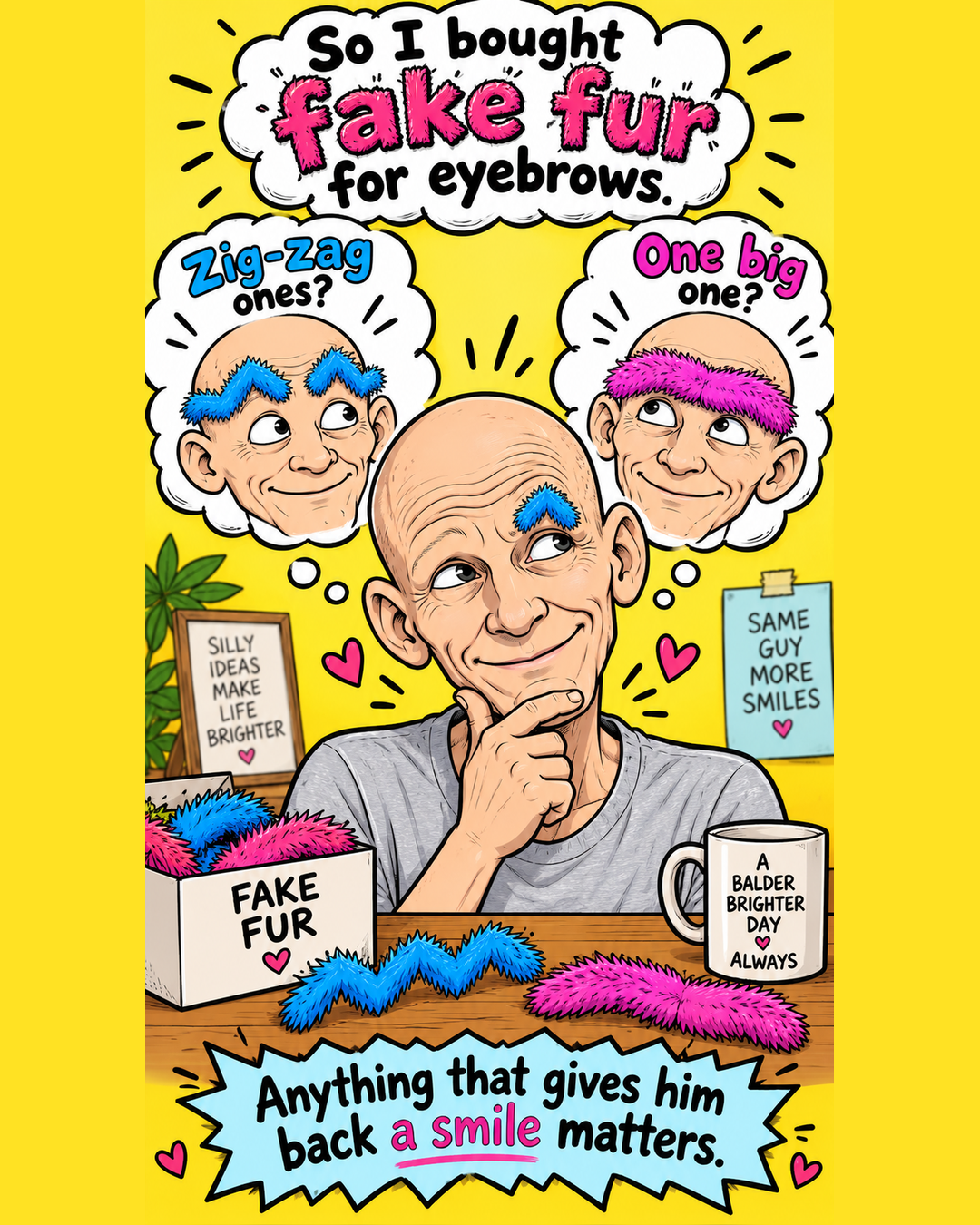 Funny fake-fur eyebrow graphic inspired by Charlie’s treatment